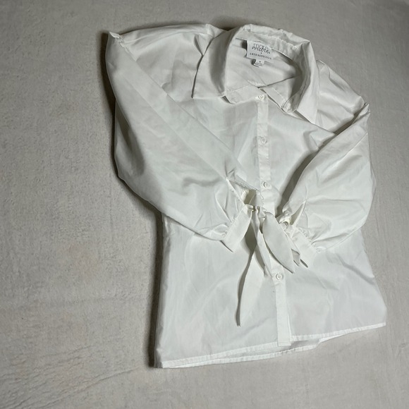 Mare Mare Anthropologie White Button Up Tie Cuff Long Sleeve Blouse Top Medium - Picture 8 of 8